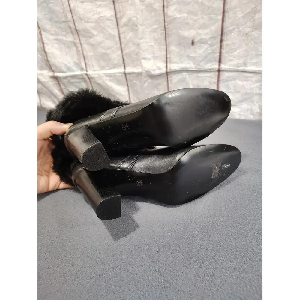 Ladies Size 7M ST JOHN'S BAY Black Short Booties Leather Faux Fur Fold Over Cuff